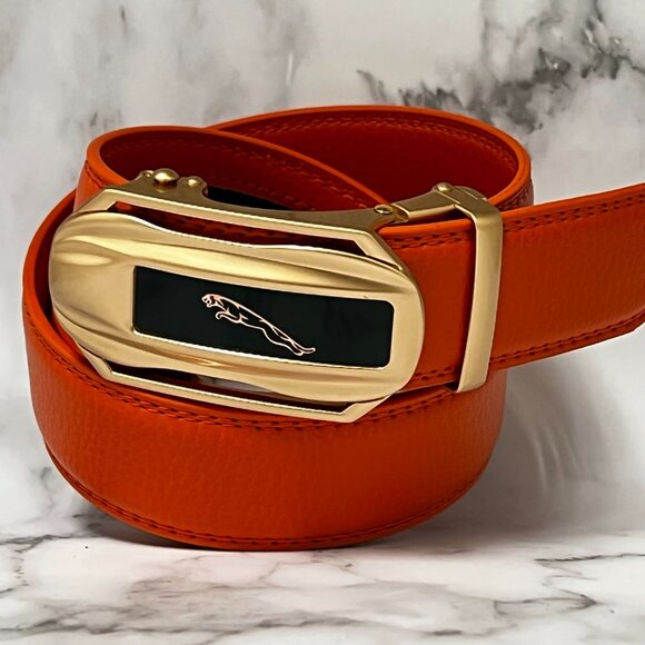 Automatic Designer Buckle Men's Orange Ratchet Genuine Leather Belt Dress Jeans - Picture 1 of 2